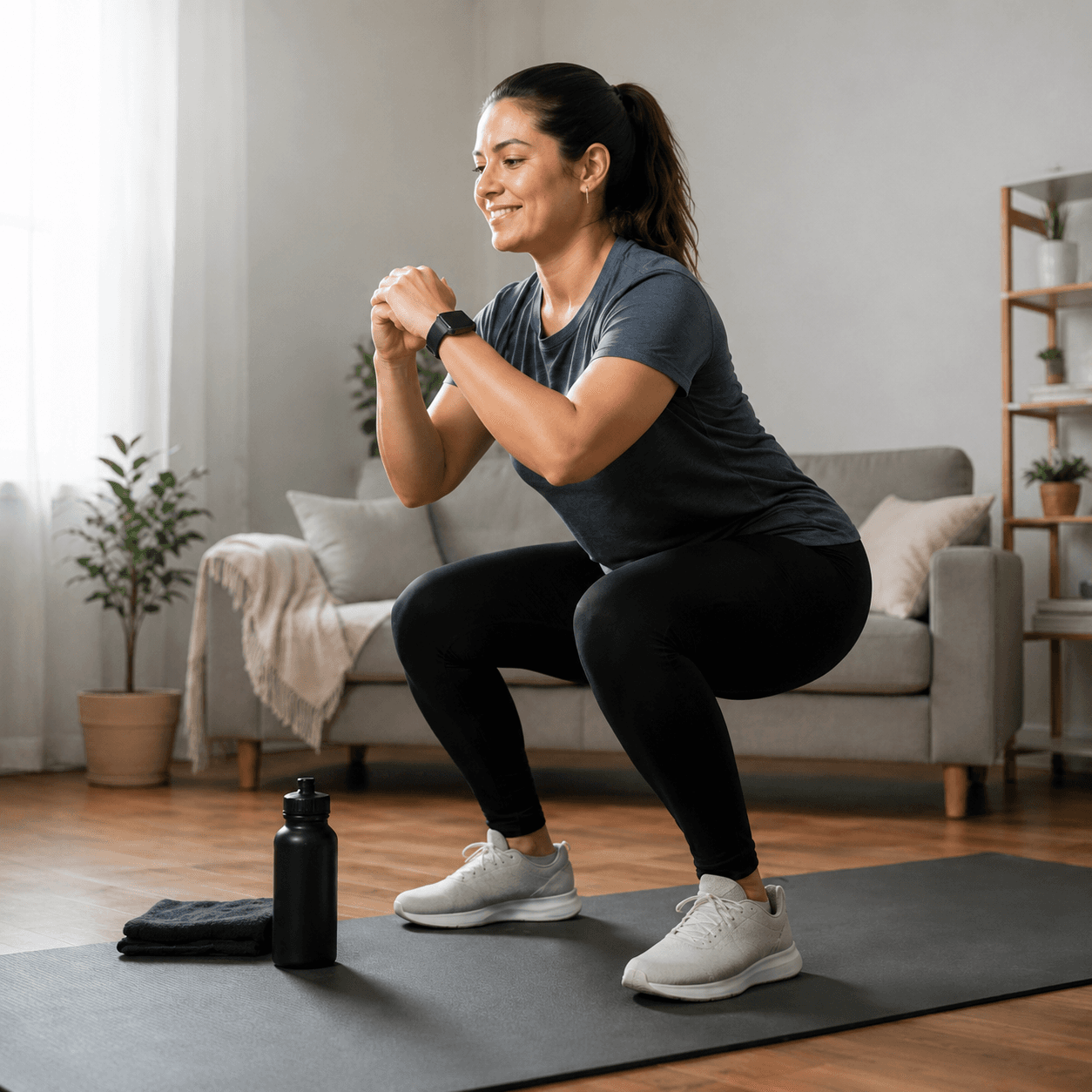 Mulher praticando alongamento em casa com acompanhamento personalizado Be Gym - coaching fitness online